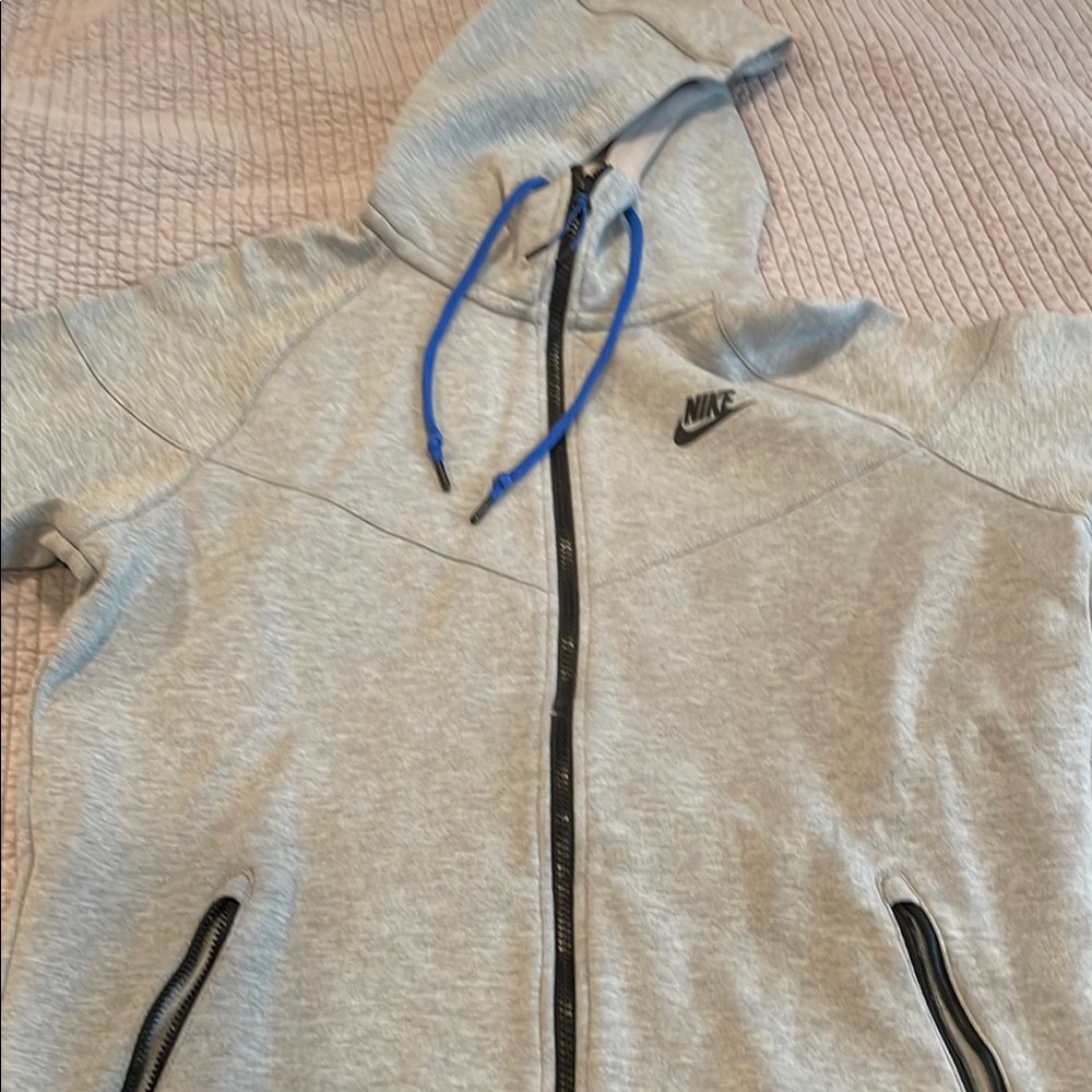 Nike Gray Zip-Up Hoodie with Blue Drawstrings